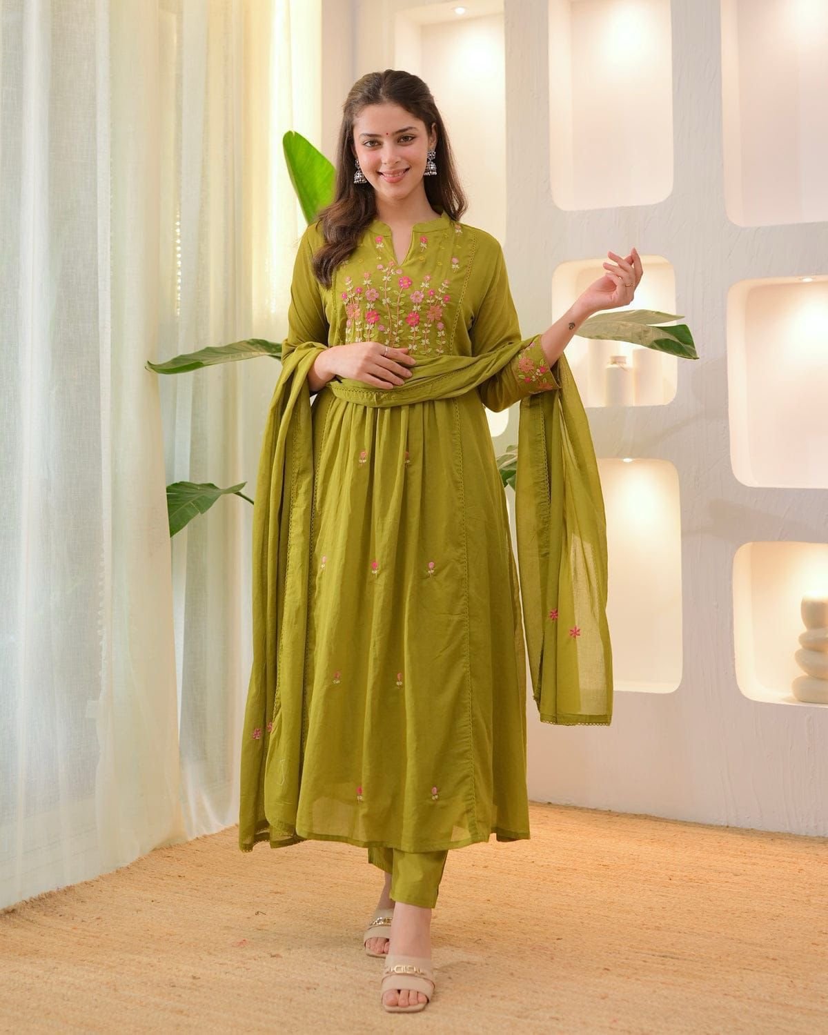 Green Cotton Embroidered Kurti Set with Pant & Dupatta